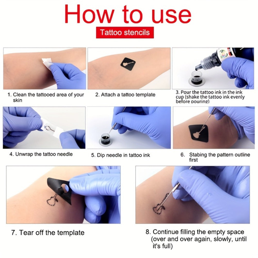 Stick and Poke Tattoo Kit - DIY Manual Tattoo Pen Hand Tool Set with 7 Color Inks, Needles, Bandage & 2 Hollow Stencil Templates for Tattoo Artists & Beginners Home Use