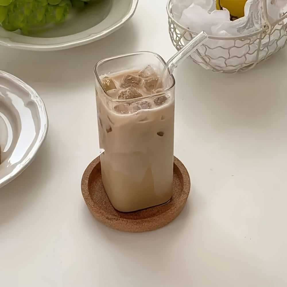 Square Glass Cups with Lids and Straws Set - 13oz BPA-Free Coffee Drinking Glasses for Home Office Outdoor
