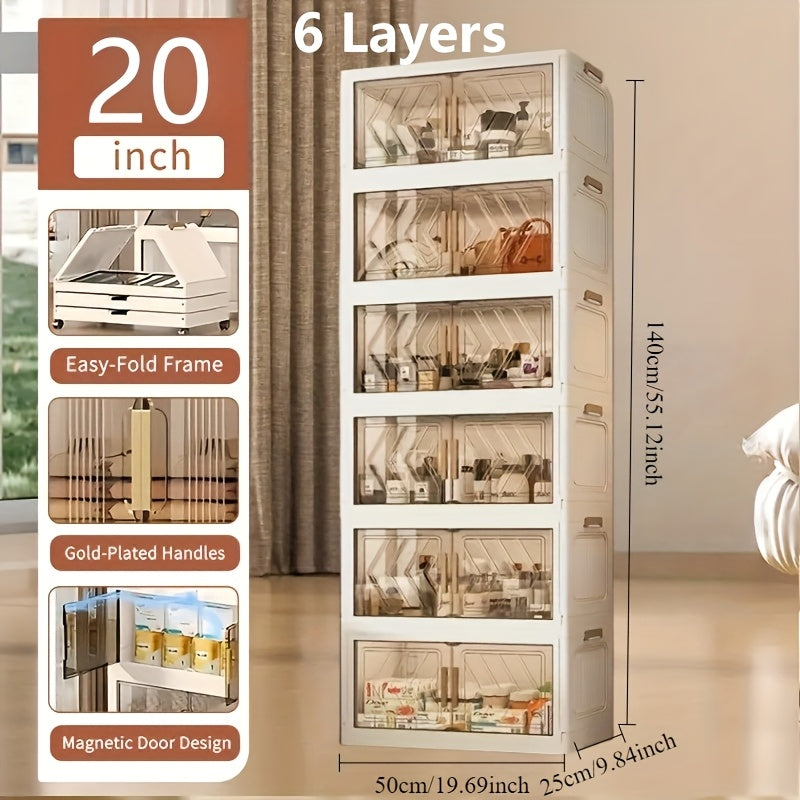 Folding Storage Cabinet 1-6 Tier Collapsible Stackable Organizer with Wheels and Lids - Extra Large Foldable Storage Locker for Closet Bedroom Office Kitchen 50CM Wide
