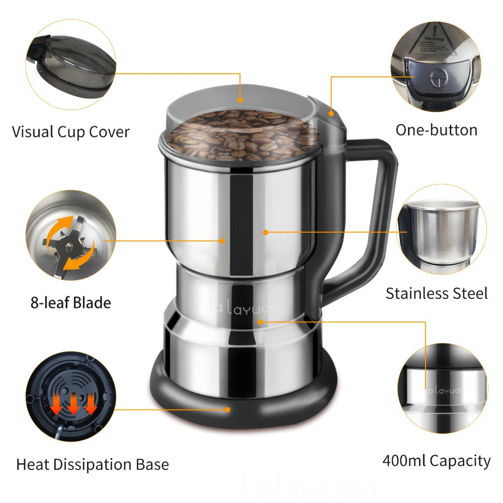 Coffee Bean Grinder 300W 8-Blade Stainless Steel 400g 14oz Large Capacity Up to 36 Cups 10-Second Fast Grinding Spice Grain Nut Dry Food Processor One-Touch Button