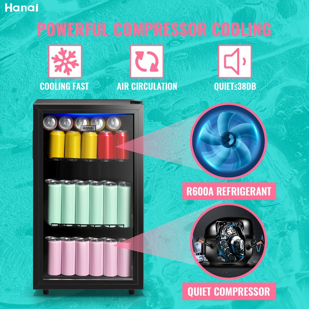 Beverage Refrigerator with Glass Door, Mini Drink Cooler Fridge with Blue LED Light, 3 Adjustable Shelves & R600a Compressor ¨C 1.7 or 3.5 Cu Ft Freestanding Bar Fridge for Home, Office, Dorm and Bar