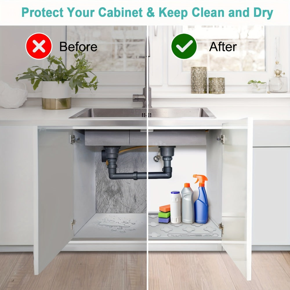 Under Sink Mat Waterproof Silicone 34¡± x 22¡± Undersink Drip Tray Liner for Kitchen Bathroom Cabinet, Holds 2 Gallons, Non-Toxic Durable Cabinet Protector with Raised Edges Four-Leaf Clover Pattern