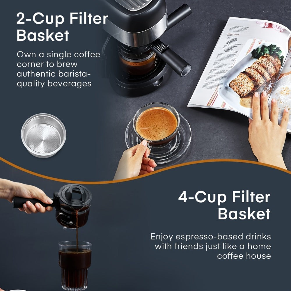 Espresso Machine 3.5 Bar Steam 4 Cup Cappuccino & Latte Maker with Milk Frother ¨C Stainless Steel One-Touch Home Coffee Machine for Espresso, Cappuccino & Latte, Black