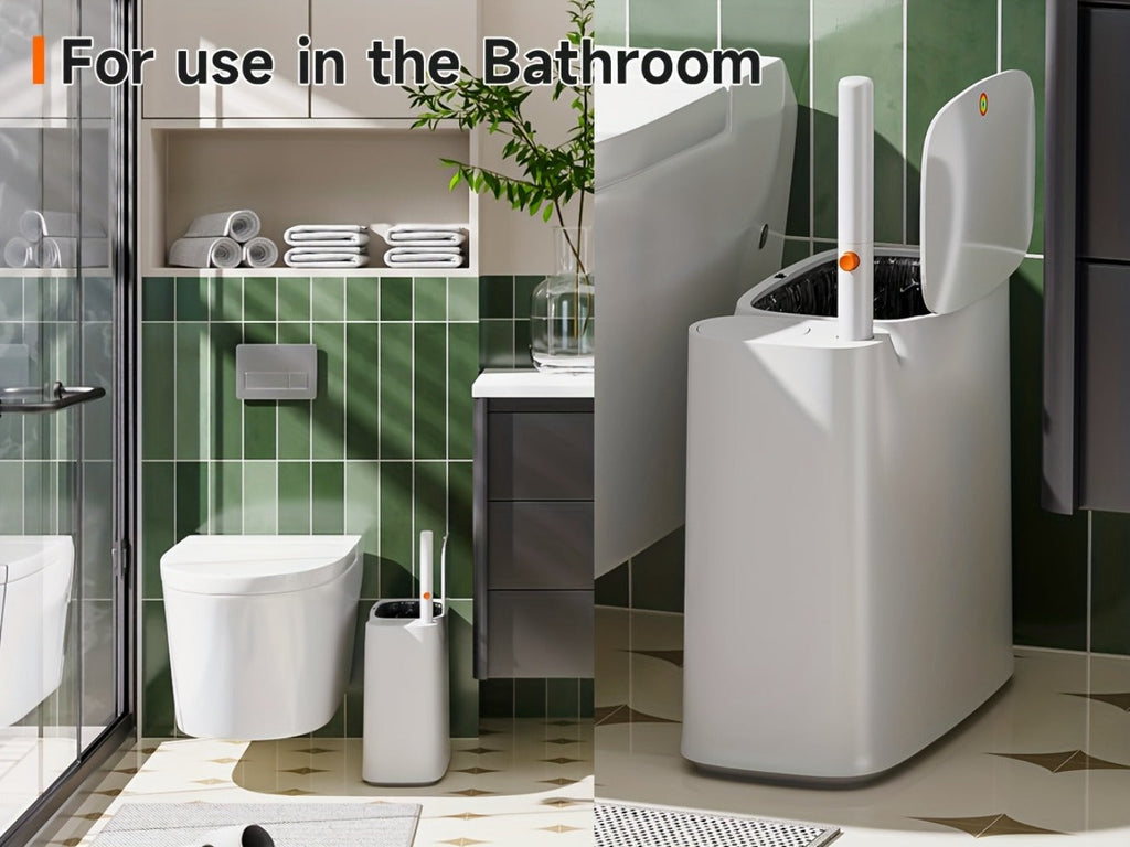 Toilet Brush and Trash Can 2-in-1 Set - Disposable Brush Heads Slim 7.7L Bathroom Waste Bin with Push Lid Hygienic No-Touch Cleaning System Space Saving ABS Plastic | White | RV Apartment Small Bathroom