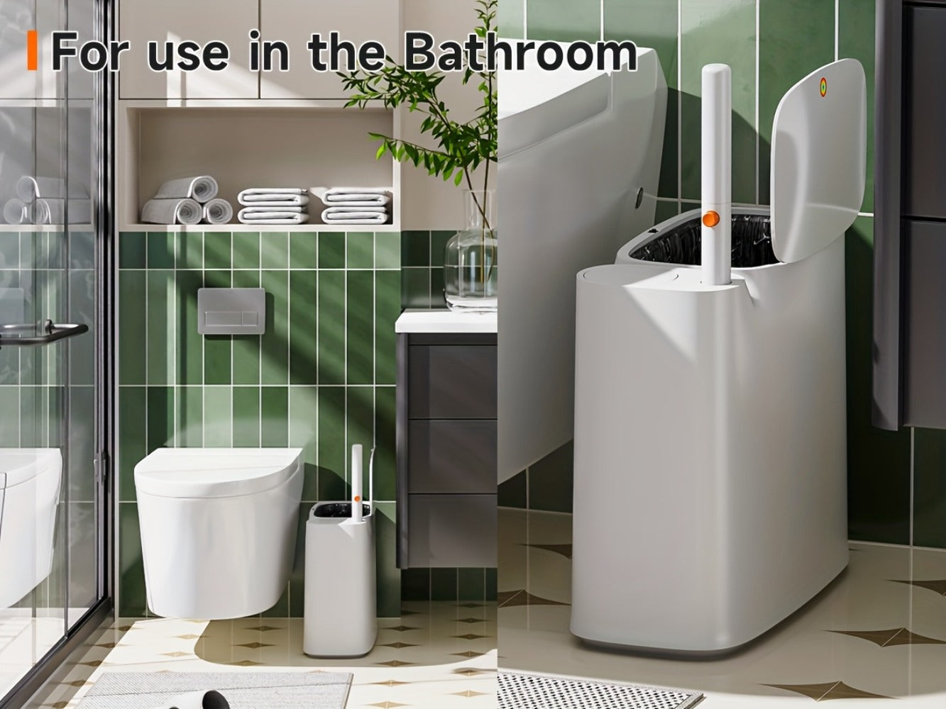 Toilet Brush and Trash Can 2-in-1 Set - Disposable Brush Heads Slim 7.7L Bathroom Waste Bin with Push Lid Hygienic No-Touch Cleaning System Space Saving ABS Plastic | White | RV Apartment Small Bathroom