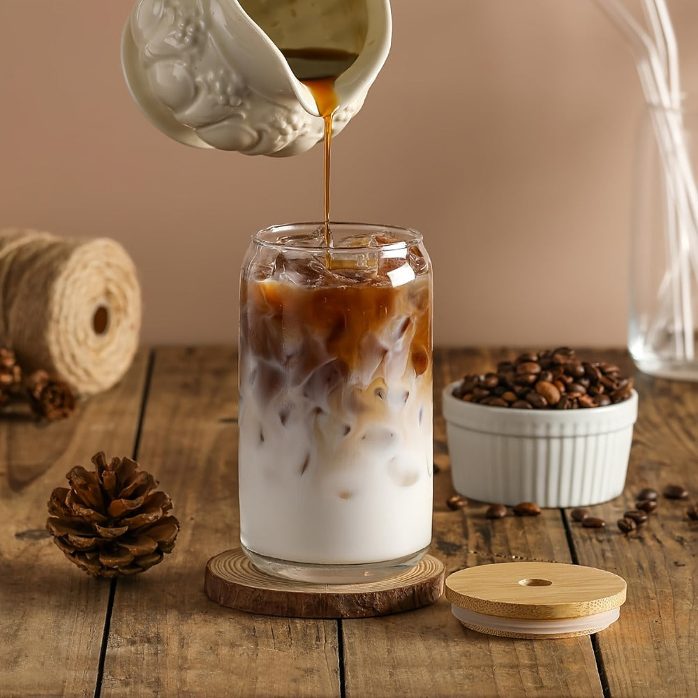Glass Coffee Mug with Bamboo Lid & Straw | Iced Coffee Glass Cup Set, Mason Jar Mug, Reusable Drinking Glasses, Holiday Gift