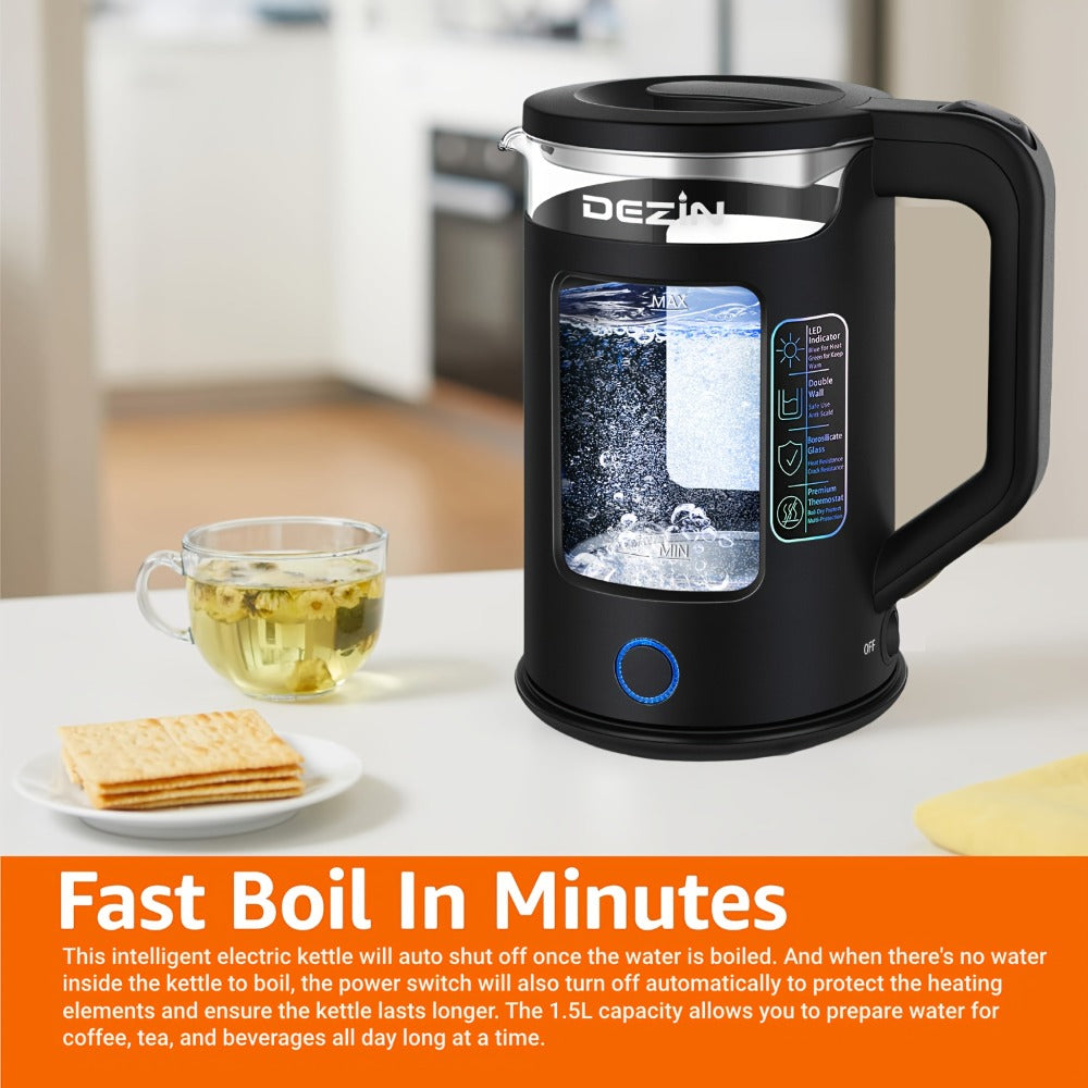 Glass Electric Kettle with Blue LED Light ¨C 1.5L Borosilicate Glass Water Boiler, Auto Shut-Off & Boil-Dry Protection, Fast Heating Hot Water Kettle for Tea & Coffee ¨C Azure, Black
