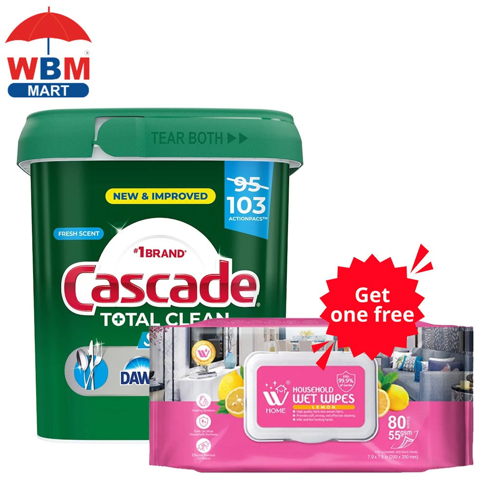 Cascade Total Clean Shine Boost ActionPacs Dishwasher Detergent 92 Count Fresh Scent 9-in-1 Cleaning No Pre-Wash Needed Removes Dried-On Food Prevents Spots Works in All Dishwashers with Wet Wipes