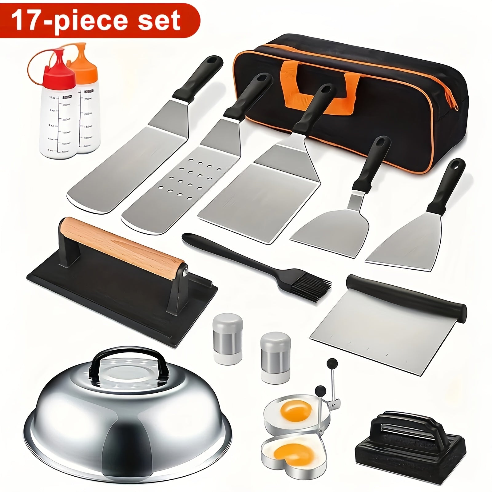 BBQ Grill Tool Set 8/17pcs ¨C Teppanyaki Meat Press & Barbecue Accessories for Outdoor Camping, Kitchen & Parties