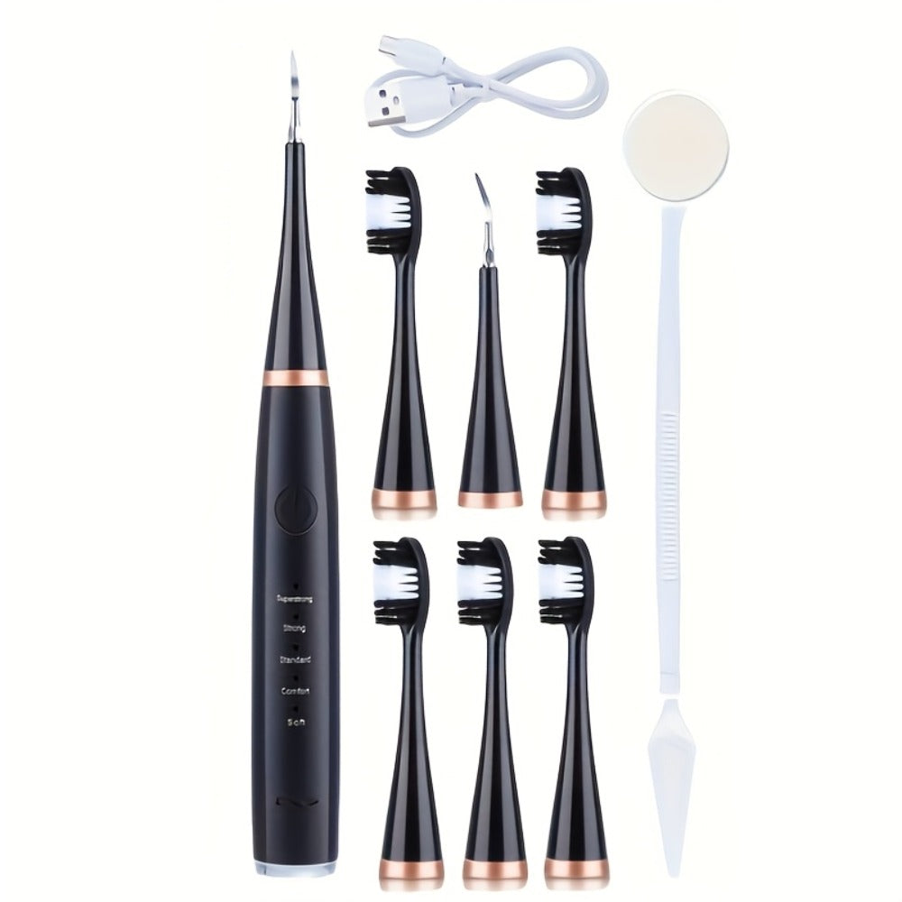 USB Electric Toothbrush Set - 5 Replaceable Brush Heads & 2 Cleaning Heads, USB Rechargeable Electric Toothbrush with Travel Case, Complete Oral Care Kit for Home & Travel, Black or White