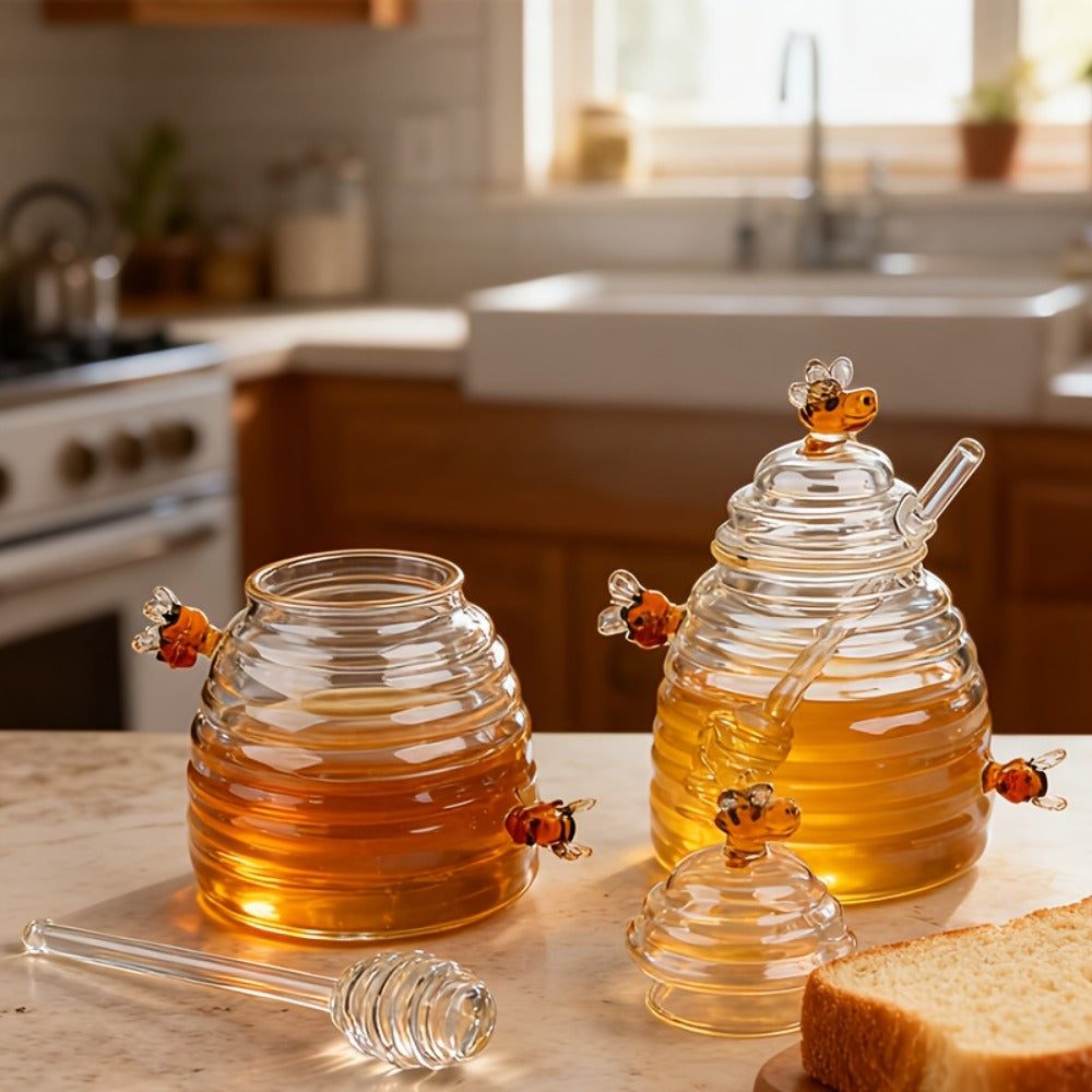 Glass Honeycomb Honey Jar with Lid and Stirrer | 480ml High Borosilicate Transparent Storage Container for Home Kitchen Wedding Party