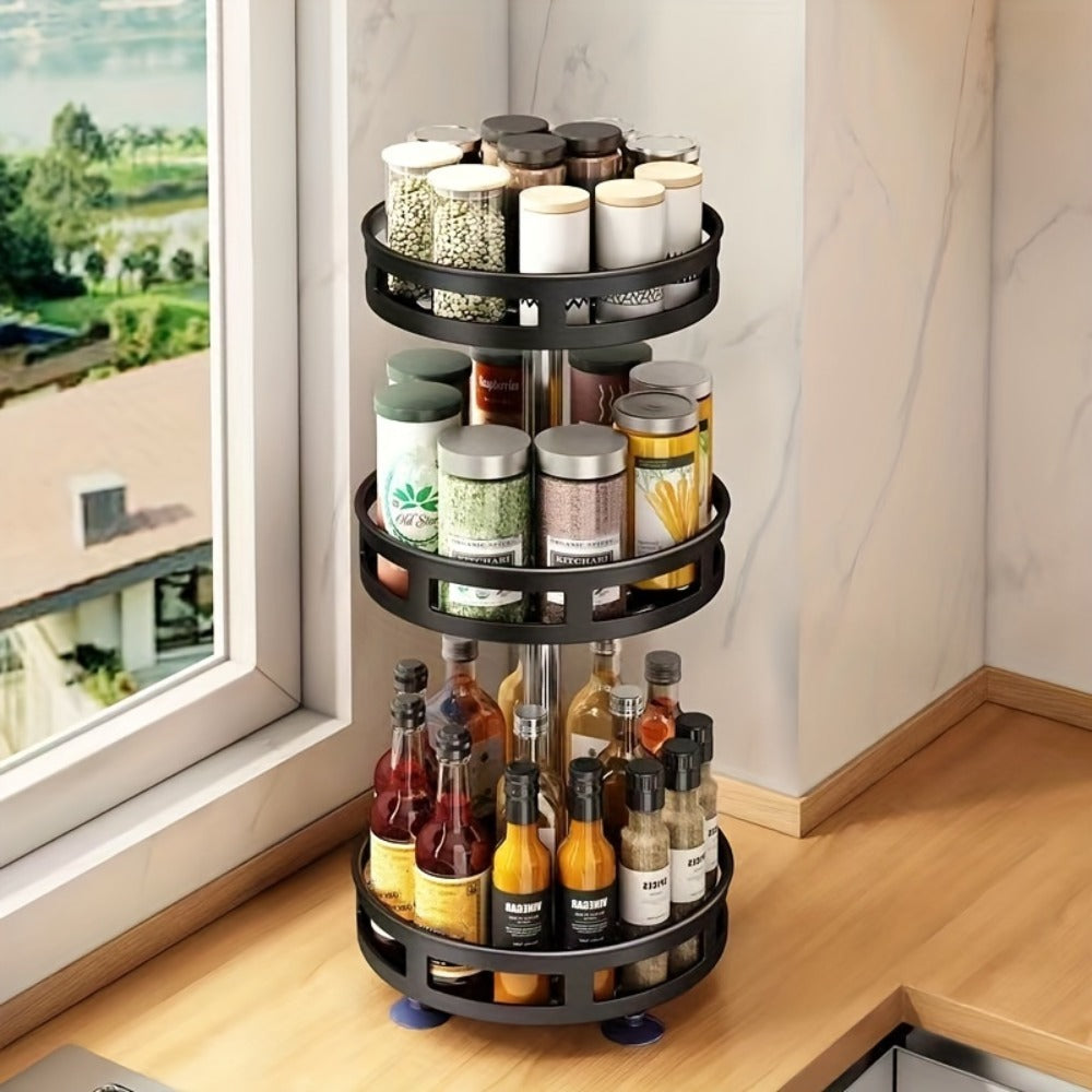 Spice Rack Organizer 3 Tier Rotating Turntable Carbon Steel Kitchen Seasoning Storage Rack for Counter Pantry Cabinet Black White