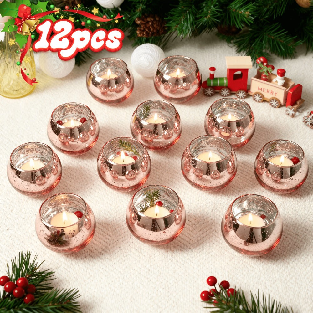 Votive Candle Holders Bulk - High Temperature Glass Hurricane Candle Holders for Weddings, Parties & Romantic Dinners, Starlight Shimmer Effect, Set of 6/12/24, Golden, Pink, Silver & Green