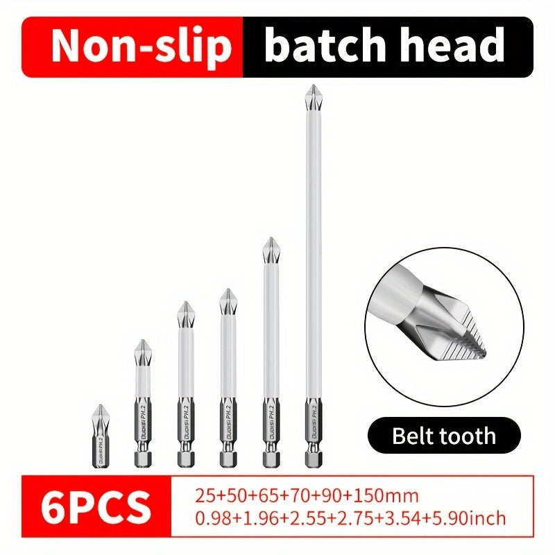 Magnetic Screwdriver Bits Set 6pcs, Phillips Cross Drill Bits with High-Strength Impact Resistance & Non-Slip Design, Electric Screwdriver Bit Kit 25 50 65 70 90 150mm for Power Drills & Hand Tools