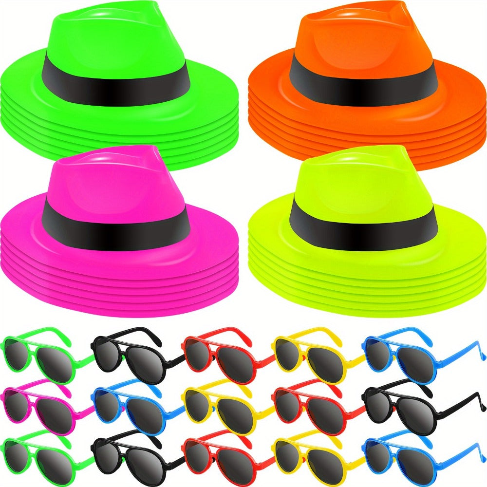 Neon Party Supplies 48 Pieces Set with 24 Glow in the Dark Hats and 24 Neon Sunglasses, Blacklight Party Accessories for Birthday Rave Music Festival Gangster Themed Events