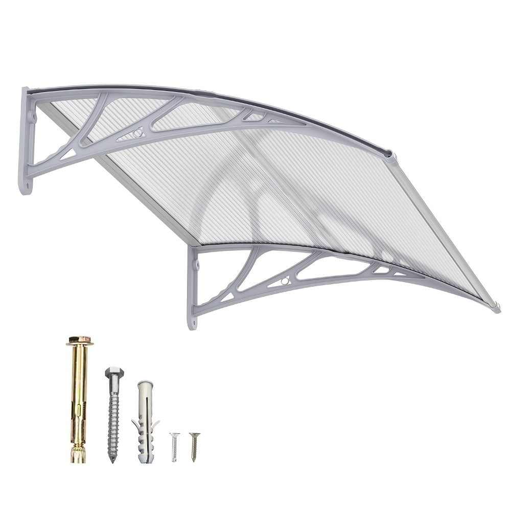 Polycarbonate Window Awning Door Canopy - UV Rain Snow Sun Protection Overhang for Doorways, Patio & Windows, Multiple Sizes, Black/Gray Bracket with Blue/Clear/Brown Board