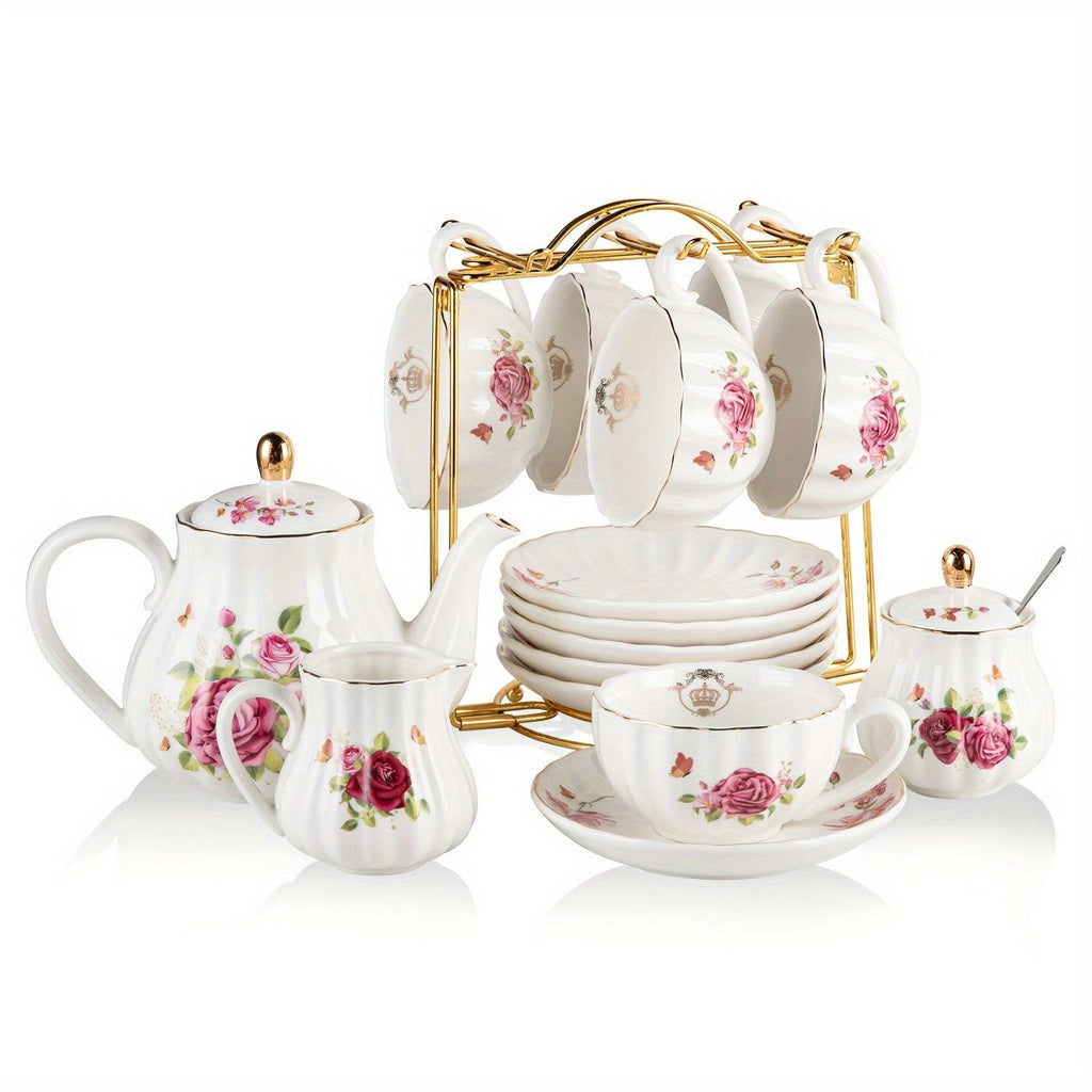 Porcelain Tea Set Service for 6 British Royal Floral Design with Teapot Sugar Bowl Cream Pitcher Teaspoons Tea Strainer 8oz Cups Saucers for High Tea Wedding Party Gift
