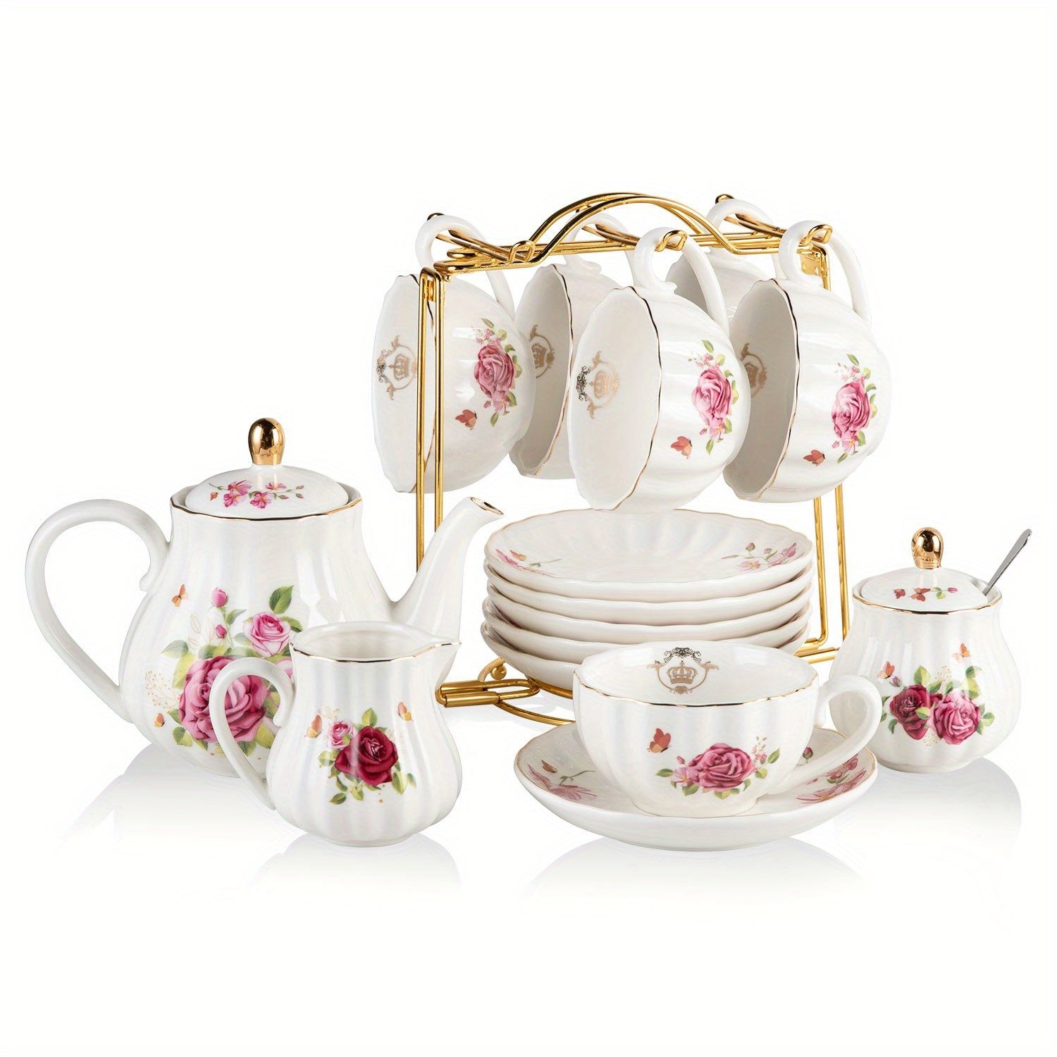 Porcelain Tea Set Service for 6 British Royal Floral Design with Teapot Sugar Bowl Cream Pitcher Teaspoons Tea Strainer 8oz Cups Saucers for High Tea Wedding Party Gift
