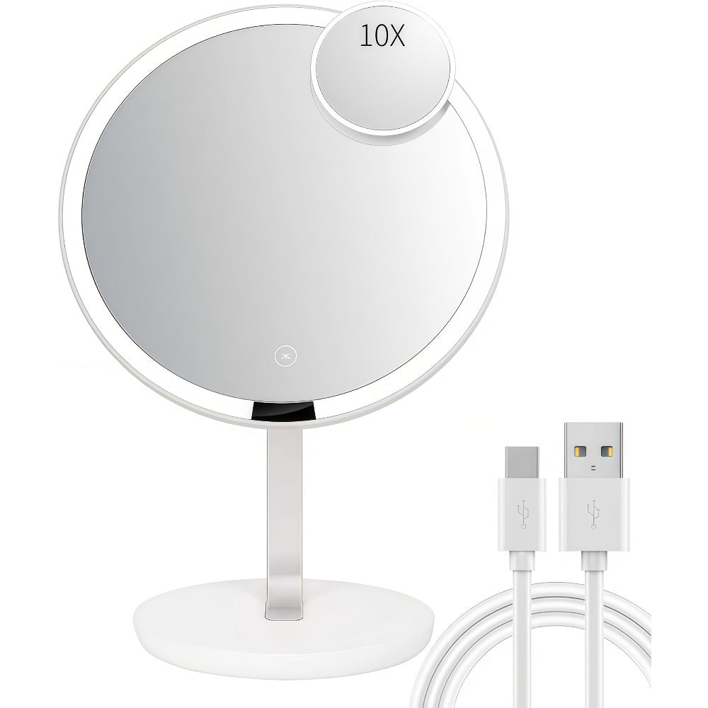 LED Makeup Mirror with Lights & 10X Magnification - Touch Dimming Desktop Vanity Mirror, Adjustable Brightness, Portable Handheld Design for Bathroom, Bedroom & Office, Ideal Gift for Women