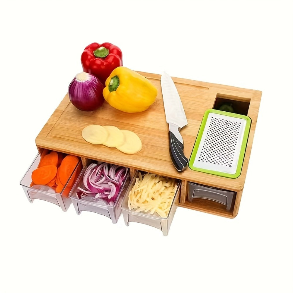 Bamboo Cutting Board with Food Container, Cheese Grater & Juice Groove - Large Wooden Chopping Board Set with Storage Box, Drain Tank for Vegetables Meat Cheese, Kitchen Prep Board with Hand Grip