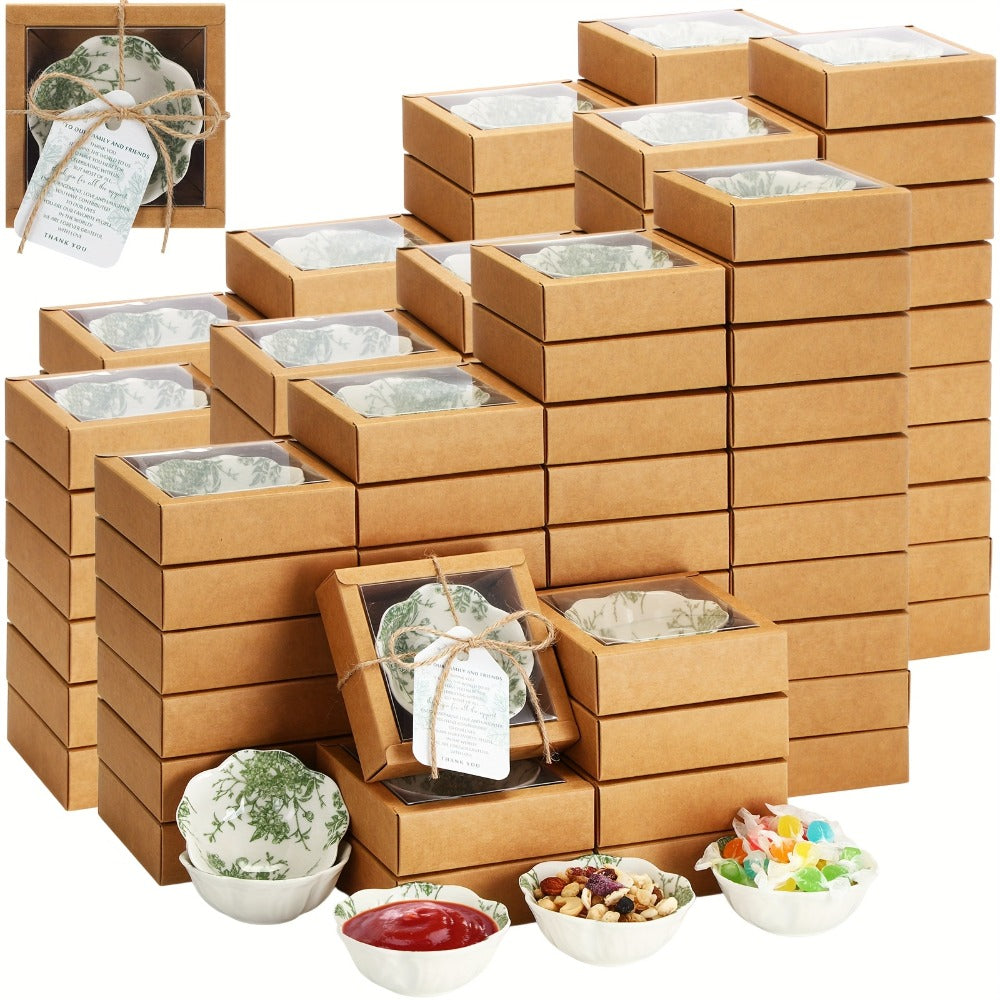 Wedding Favors for Guests 80 Pack Small Ceramic Bowls Bulk Set | 3.3 Inch Green Verdure Mini Dipping Bowl Sauce Dish with Cards & Box for Party Shower Souvenir