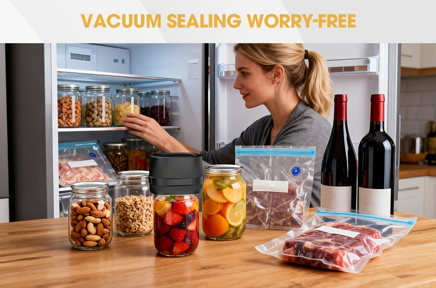 Electric Jar Vacuum Sealer 3-in-1 Food Storage Vacuum Sealer Machine with 14 Sealing Lids Wine Plug Vacuum Bag Bottle Opener ¨C One-Button Operation Leak-Proof Seal for Regular & Wide Mouth Mason Jars