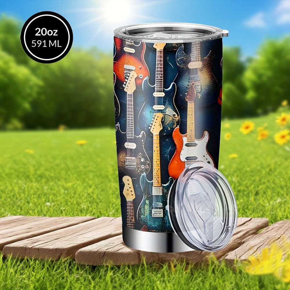 Insulated Tumbler 20oz Guitar Pattern Stainless Steel Travel Mug with Lid and Straw Double Wall Vacuum Coffee Cup Water Bottle for Hot Cold Drinks Gift for Music Lover Birthday Graduation Valentine White