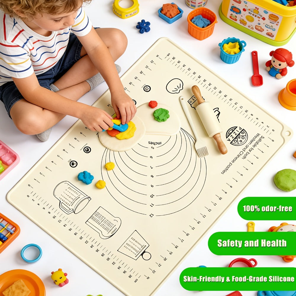 Silicone Baking Mat Set 4pcs, Extra Thick Non-Stick Pastry Mat with Measurement Scales, Non-Slip Dough Kneading Mat, Includes Rolling Pin, Dough Scraper and Storage Bag, Reusable Kitchen Baking Tools