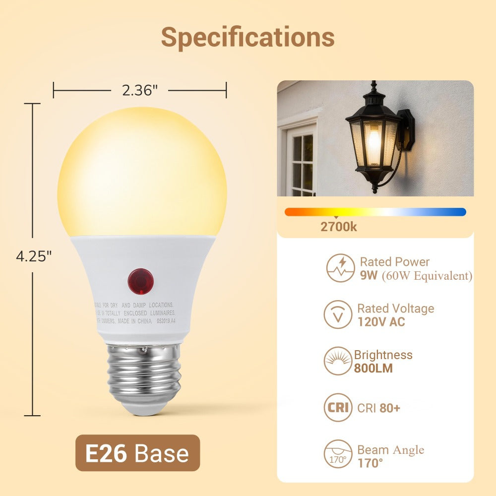 Dusk to Dawn Light Bulbs, A19 E26 Auto On Off Photocell Sensor LED Bulb 9W 60W Equivalent, 5000K Daylight / 2700K Soft White / 2000K Amber Bug Repelling, 800LM Non-Dimmable for Porch Garage Outdoor Indoor