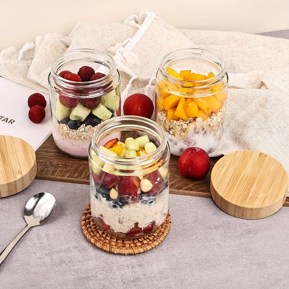 Glass Jars with Bamboo Lids - Airtight Wide Mouth Mason Jars for Overnight Oats Yogurt Chia Seeds Snacks and Meal Prep, Clear Glass Food Storage Containers for Salad Spice and Sugar, Available in 4 Pack 16oz or 6 Pack with Spoons