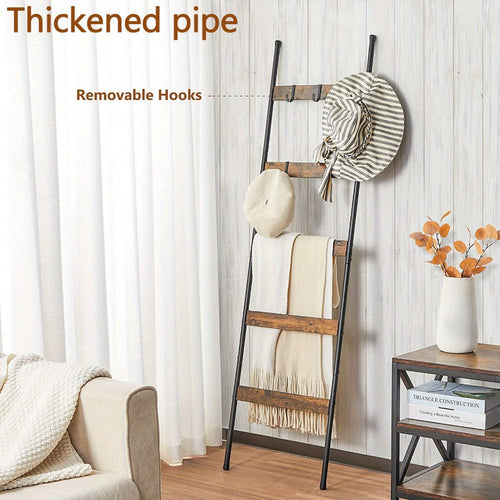 Blanket Ladder Rack 5 Tier with 10 Detachable Hooks - Freestanding Farmhouse Metal Towel Quilt Throw Storage Stand No Drilling Non-Slip Pads | Brown Black | Living Room Bathroom Bedroom Home Decor Organization