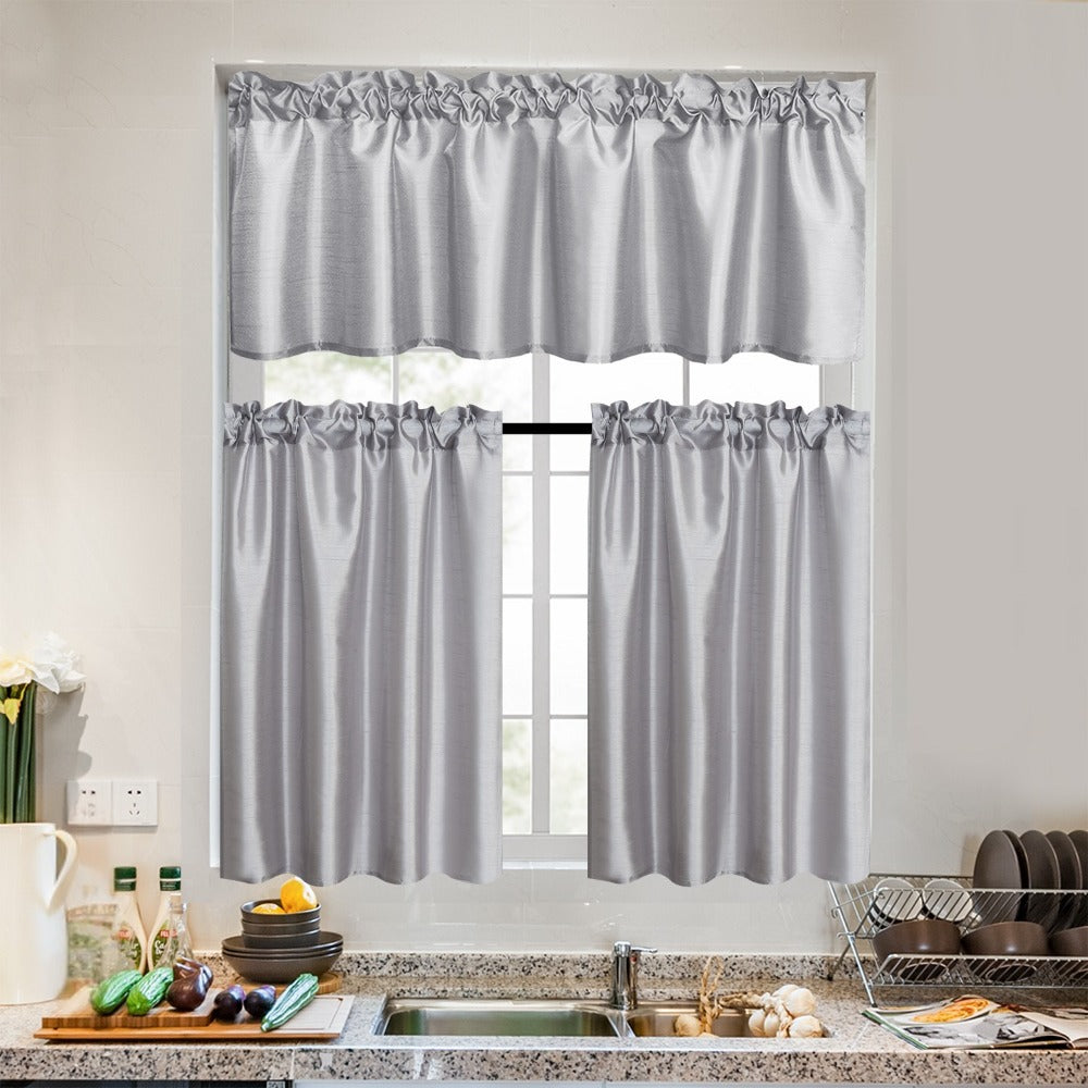 Kitchen Curtains 3 Panels Faux Silk Sheer Tier and Valance Set Rod Pocket 2 Tiers 26x36 inch + Valance 52x14 inch for Kitchen Bathroom Window Drapes