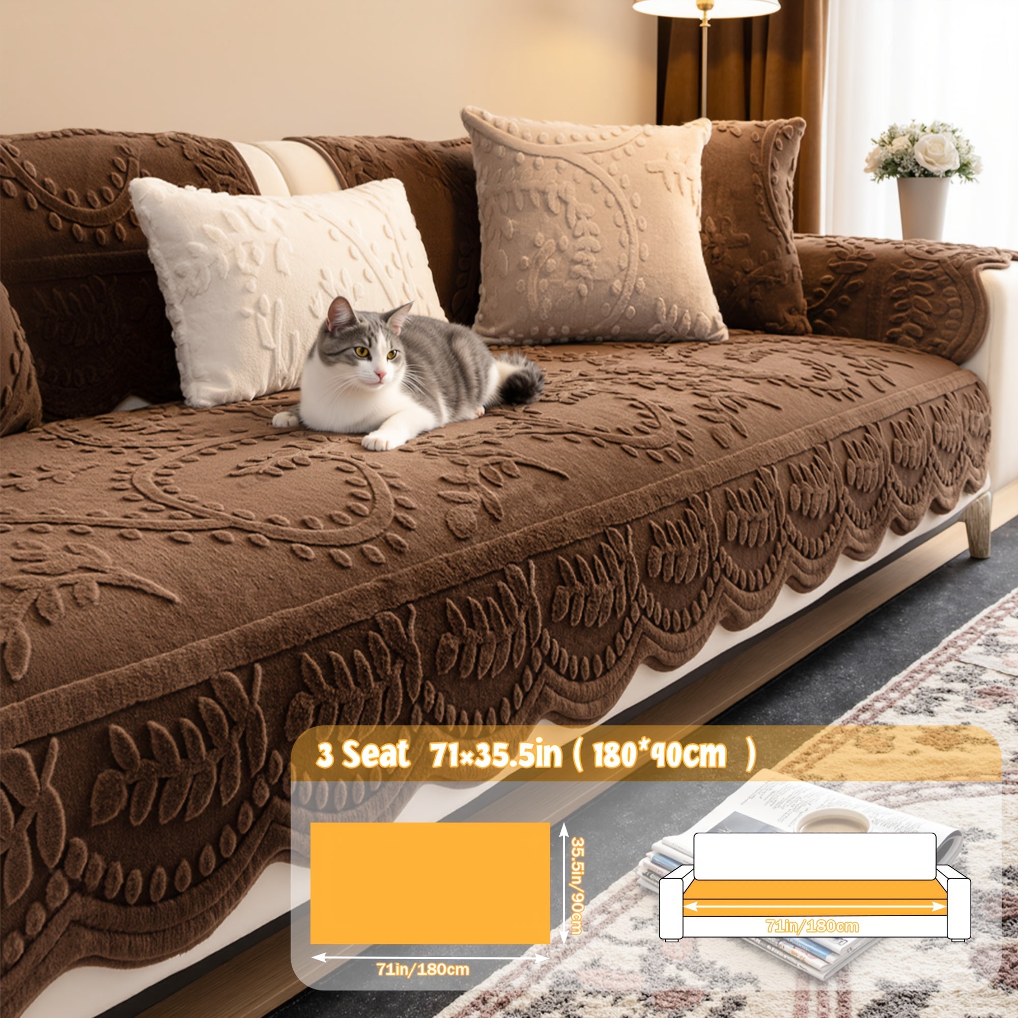 Faux Rabbit Fur Plush Sofa Cover Non-Slip | Thickened Quilted Couch Cushion, Machine Washable Pet Friendly, 1 to 4 Seat Armrest Backrest, White Light Grey Brown, Home Winter Decor