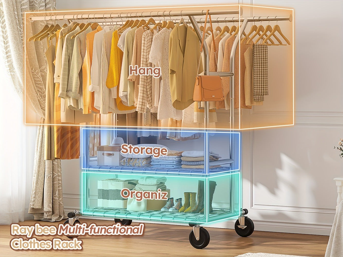 Heavy Duty Clothes Rack 630lbs Double Rod Rolling Garment Rack with Wheels Adjustable Height Width Freestanding Portable Clothing Stand with Bottom Shelves for Bedroom Closet Laundry Room Silver