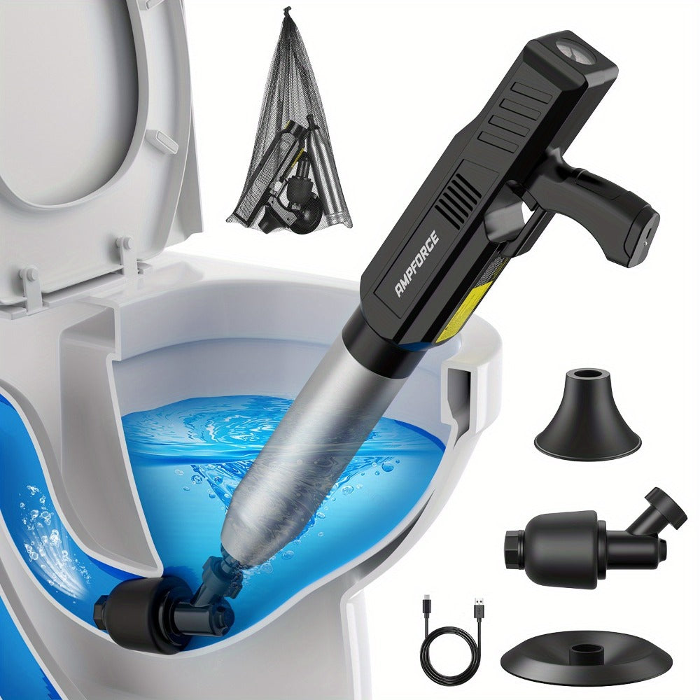 Electric Cordless Toilet Plunger 8V - High-Pressure Pneumatic Drain Opener with Real-Time Pressure Display, Professional Power Unclogger for Toilets Sinks Floor Drains, Mess-Free Reusable, White/Black