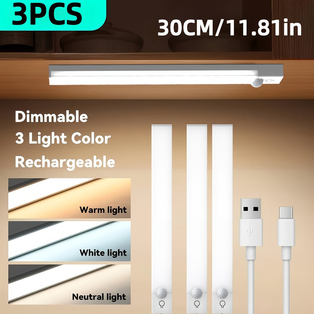 Motion Sensor Light 3 Pack USB Rechargeable LED Cabinet Light Dimmable 3 Color Temps Magnetic Base for Kitchen Closet Stairs Hallway Bedroom 7.87¡± 11.81¡±