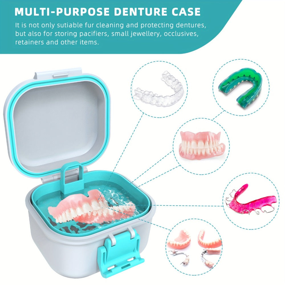 Denture Bath Case Leak-Proof with Drainage Basket Silicone Ring Safety Buckle Portable Travel Denture Cleaner Soaking Cup Storage Container for Home Travel