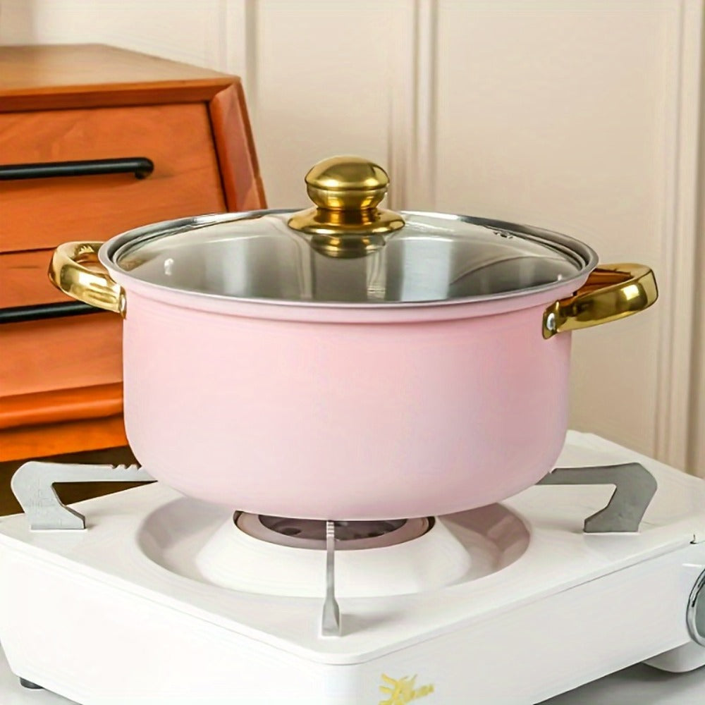 304 Stainless Steel Cookware Set with Golden Handles, 1/10/15pcs Deep Thick Soup Pot & Pan Set for Induction & Gas Stoves, Outdoor Camping & Kitchen Cooking, Pink, Silver & Orange