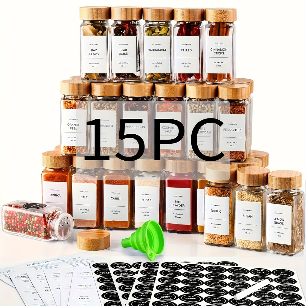 Glass Spice Jars with Labels and Lids 4oz, Empty Spice Bottles with Foldable Funnel for Kitchen Organization, Airtight Condiment Storage Containers for Herbs and Seasonings, Set of 15 24 or 36 Pieces