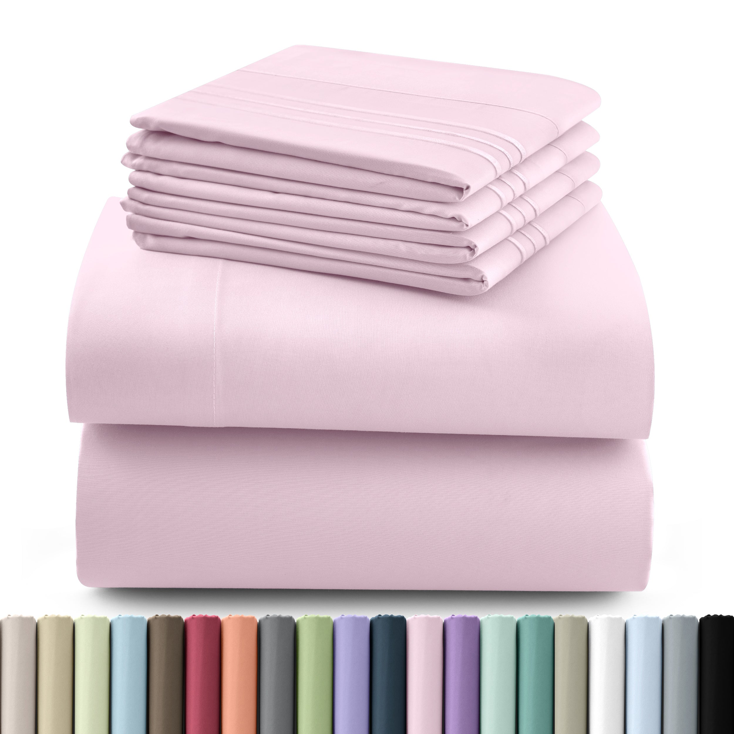 Fitted Sheet Set 6-Piece Brushed Polyester Deep Pocket Bed Sheets 20 Colors Hotel Luxury Soft Bedding with Embroidered Pillowcases