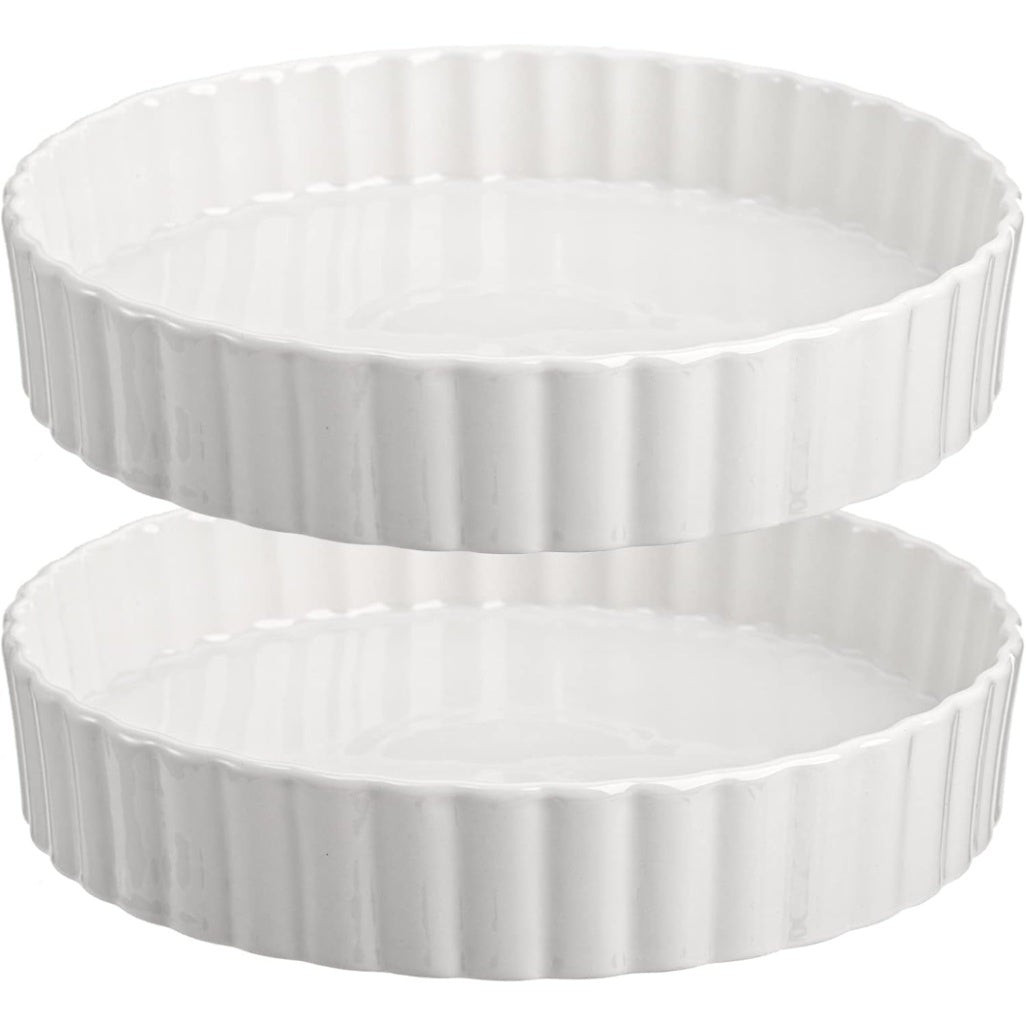 Ceramic Quiche Pan Set of 2, 9.5 Inch Fluted Tart Dish for Oven Baking, Non-Stick Pie Dish for Quiche Lorraine, Chicken Pot Pie, Tart, Flan