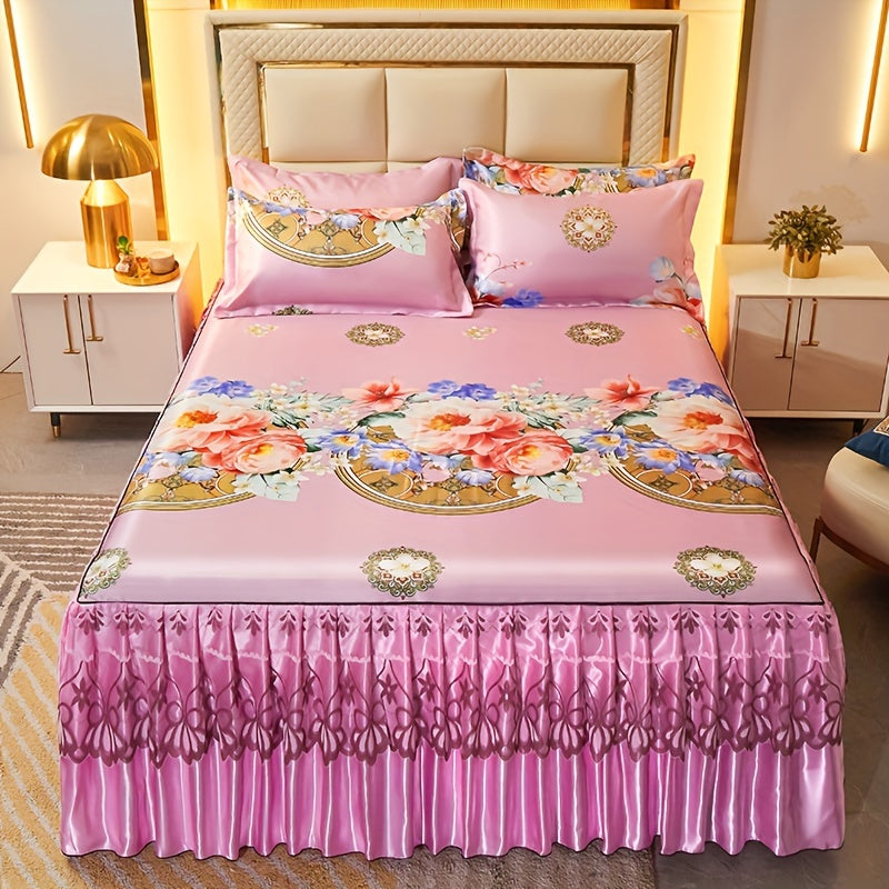 Floral Ruffle Bed Skirt Cool Mat 3 Piece Set with Pillowcase, Double Layer 360¡ã Full Wrap Washable Cooling Mattress Cover, Breathable Summer Bedding Set for Twin Full Queen King, Parisian Romantic Floral