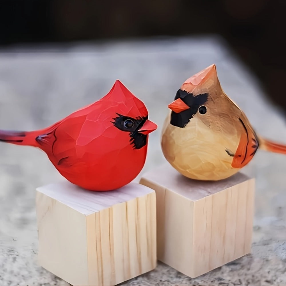 Cardinal Bird Statues Handmade Wood Carving 2pcs - Painted Decorative Bird Figurines for Home Decor Shelf Garden - Best Gift for Bird Lovers Birthday Christmas Family Friends