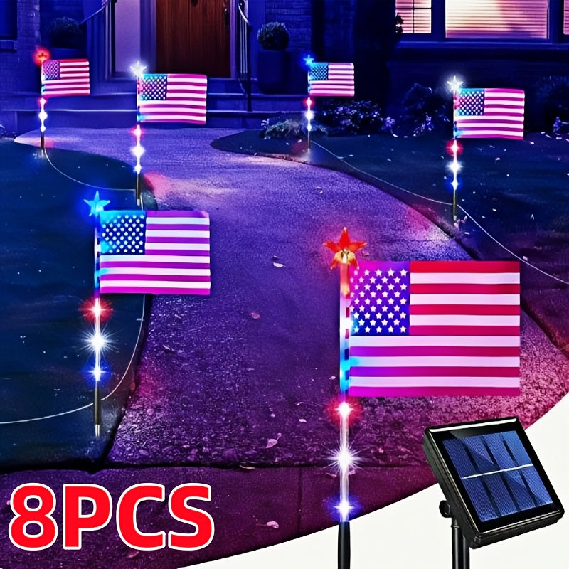4th of July Solar Ground Stake Lights | Red White Blue National Flag Outdoor Lights 8 Modes | Solar Walkway Lights for Independence Day Memorial Day Porch Patio Garden Decor