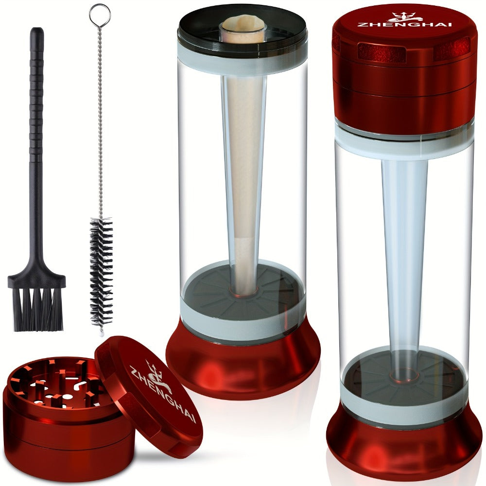 3-in-1 Herb Grinder with Cone Loader & Rolling Machine, Multifunctional Tobacco Grinder Blunt Joint Roller Filling Storage All-in-One with Cleaning Brush, Spice Grinder for Home Use, Black Red Blue