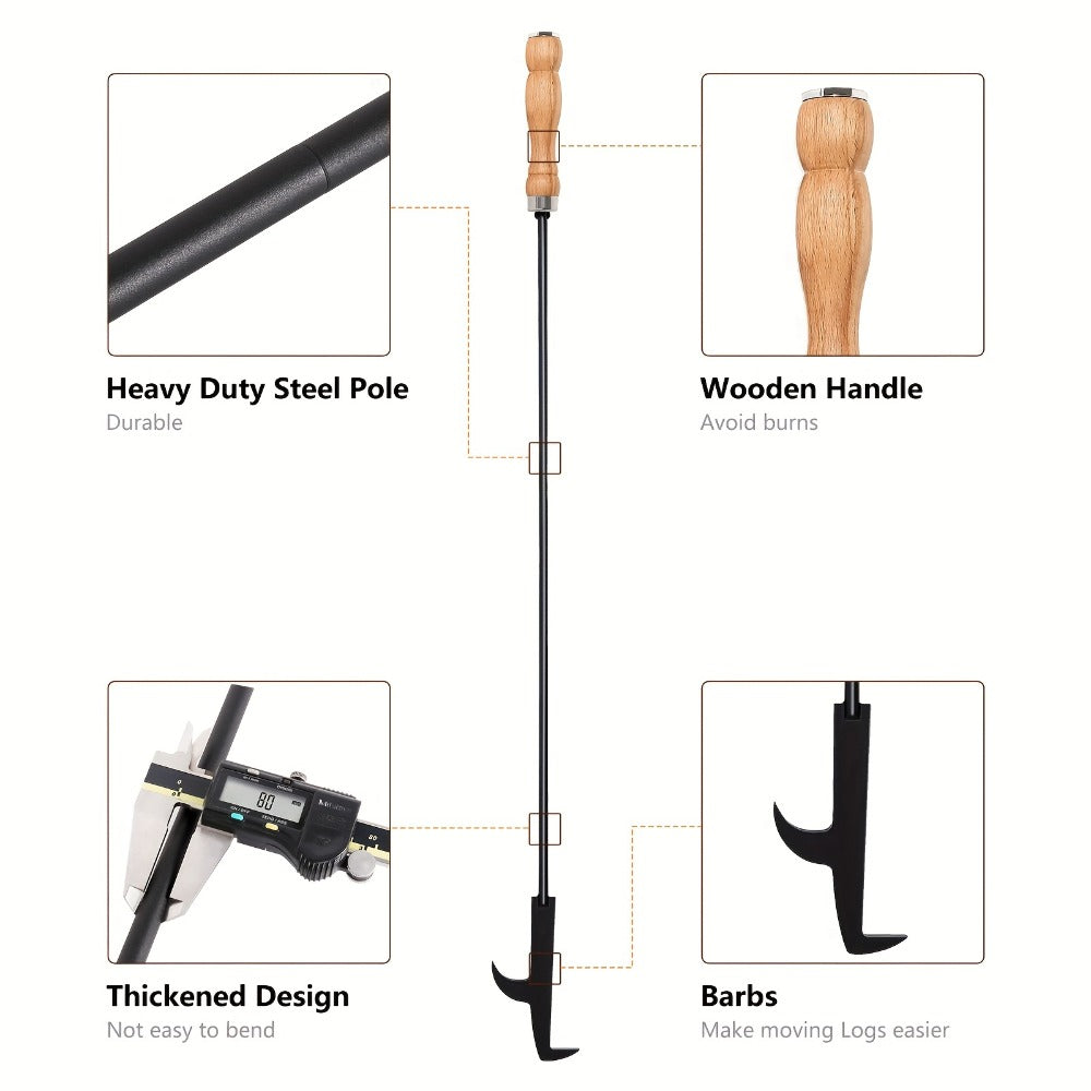 Fire Pit Poker 32 Inch, Heavy Duty Wrought Iron Fire Poker Stick with Wooden Handle and Barb Hook, Collapsible Campfire Poker for Fireplace, Bonfire, Camping, Outdoor and Indoor Fire Pit Tools