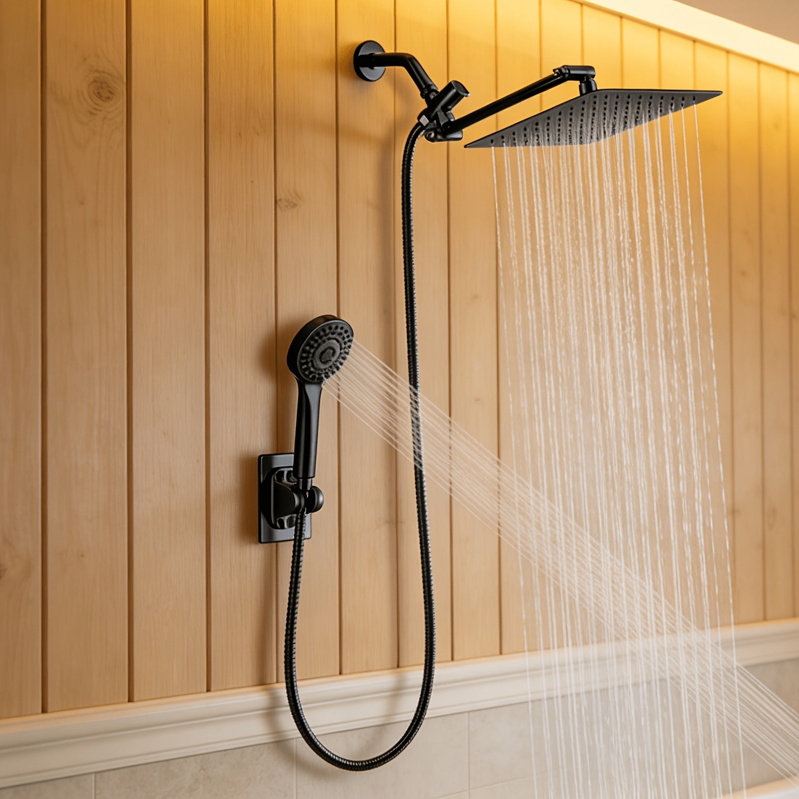 High Pressure Rainfall Shower Head Handheld Combo 4-Spray Modes 10 12 Inch Adjustable Extension Arm 78-Inch Hose Adhesive Holder Wall Mount Chrome Black Bathroom