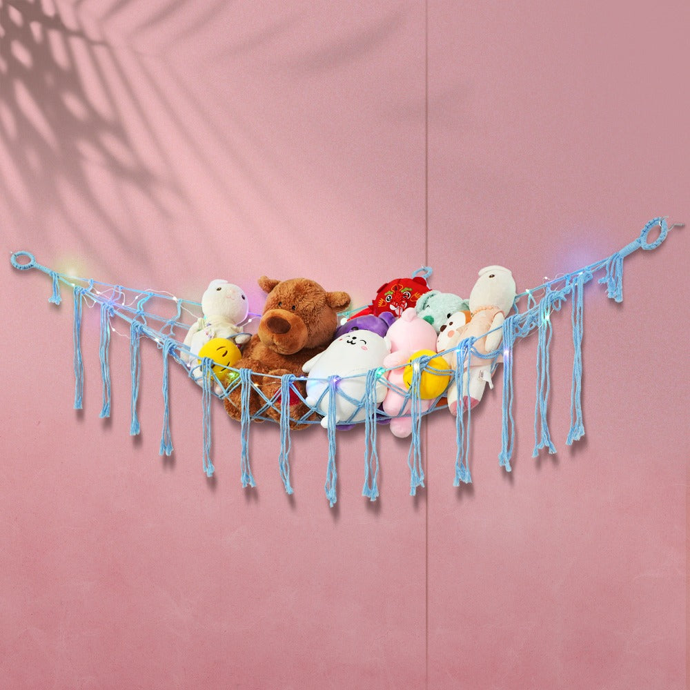 Stuffed Animal Storage Hammock with Lights Corner Hanging Toy Net Organizer for Nursery Bedroom Kids Room Decor Plush Toy Holder Christmas Halloween Easter Gift