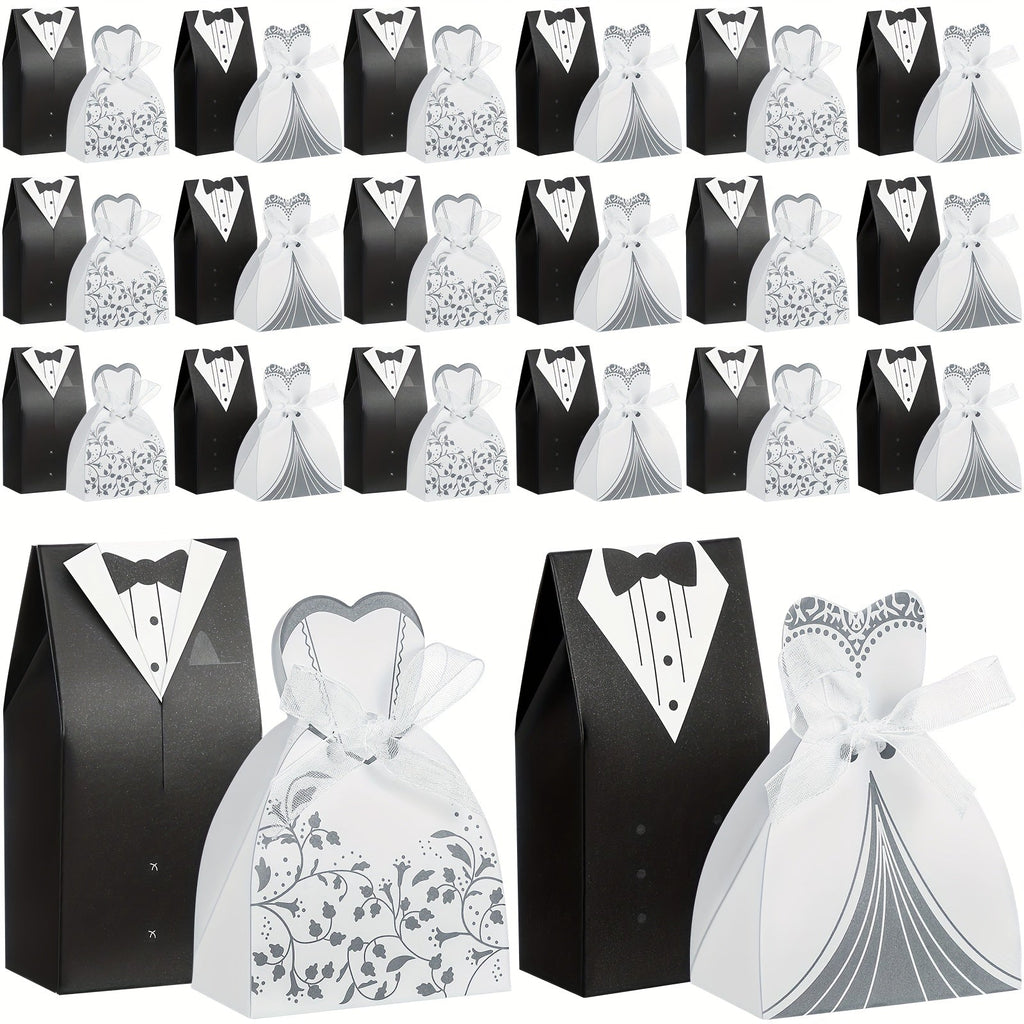 100 Pcs Wedding Party Favor Boxes Dress & Tuxedo Candy Gift Boxes with Ribbon ¨C Vintage Bridal Shower Birthday Treat Bags Bulk Decoration