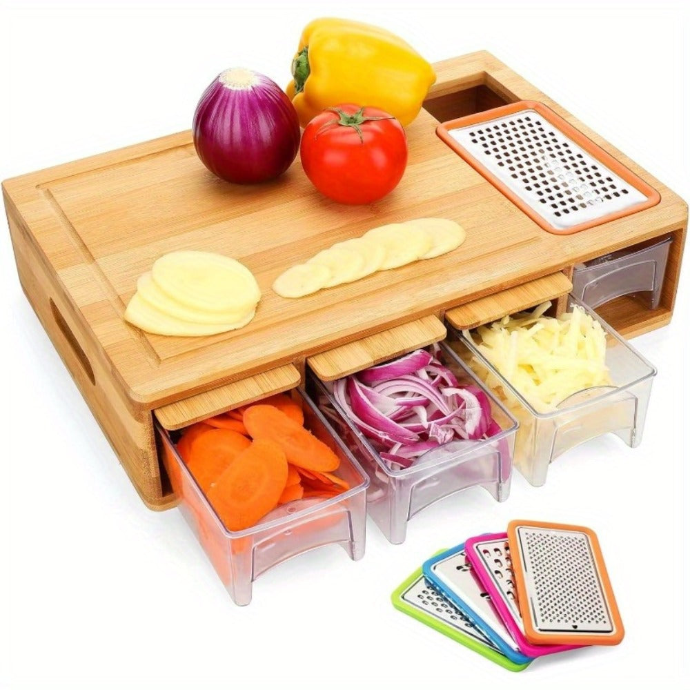 Bamboo Cutting Board with Trays & Drawers ¨C Large Butcher Block Chopping Board with Food Sliding Opening, Stackable Airtight Storage Trays & Bamboo Lids ¨C Kitchen Carving Board Gift for Home Cooks